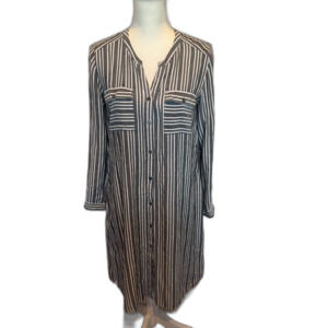 Downeast Shirt Dress Medium Button Front Charcoal White Stripe Pockets